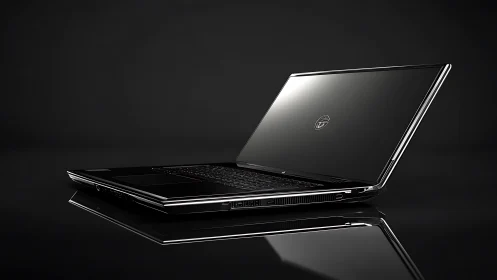High-gloss black laptop rendered with reflective surface modeling