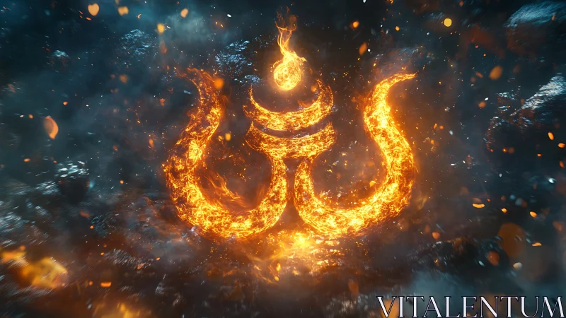 Fiery trident sigil suspended in stormy cosmic void.