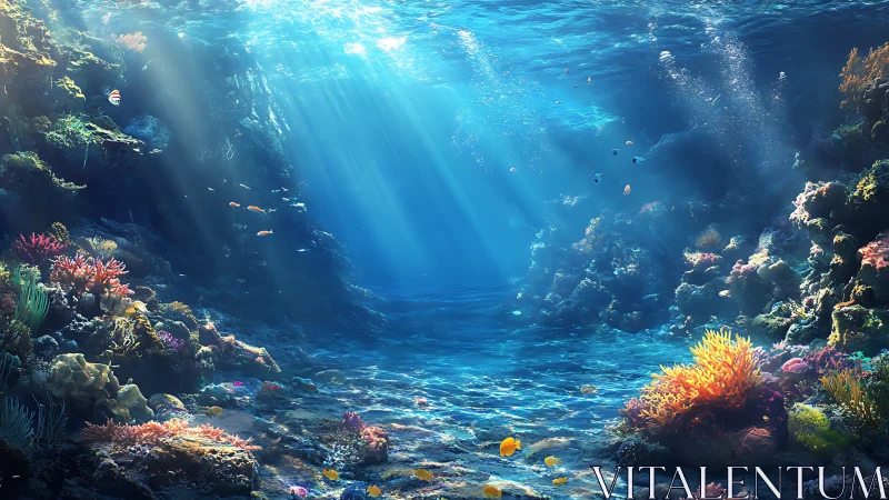 Sunlit coral reef seafloor with fish in clear blue water.