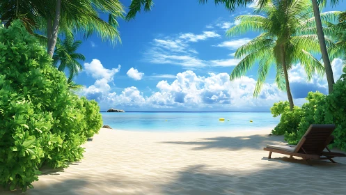 Tropical Paradise Beach Scene with Palm Trees and Turquoise Waters.