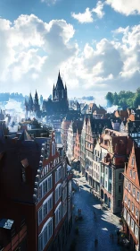 Historic European old town street under bright daylight.