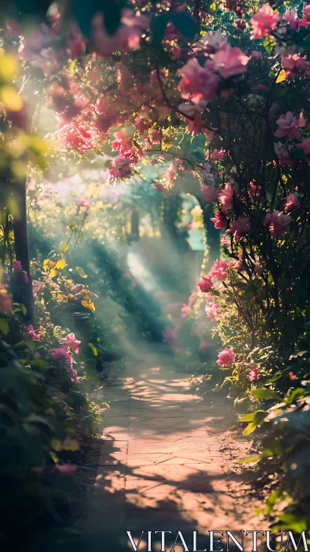 Sunlit rose tunnel where petals and daydreams gently meet.