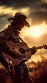 Cowboy guitarist plays softly against warm sunset sky
