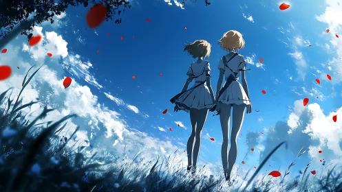 Twin girls in windswept meadow beneath vivid azure sky.