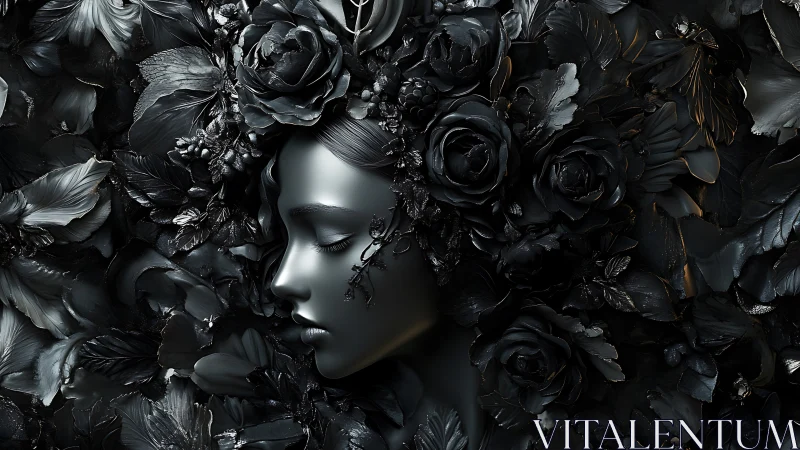 Midnight floral muse dreaming in sculpted obsidian bloom.