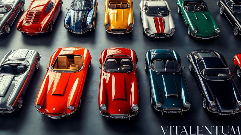 Vintage sports car collection in vivid showroom lineup.