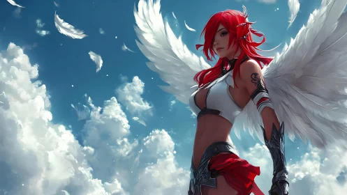 Crimson haired winged warrior angel in luminous cloudscape