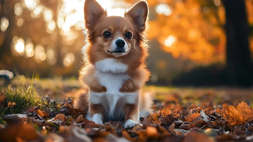 Adorable corgi poses among glowing autumn leaves outdoors.