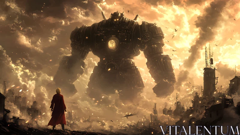 Solitary figure faces large mechanical colossus in ruins