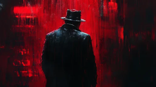 Noir silhouette in red rain soaked abstract alleyway.