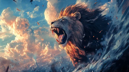 Roaring lion erupts above stormy city in blazing twilight