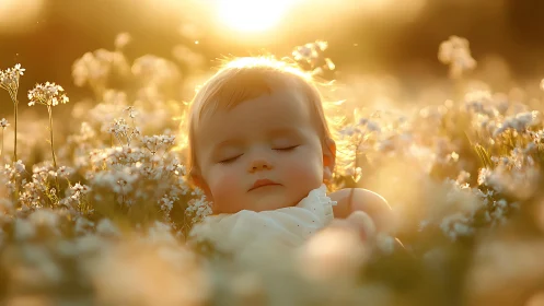 Sunlit infant dreaming peacefully in glowing wildflower field.