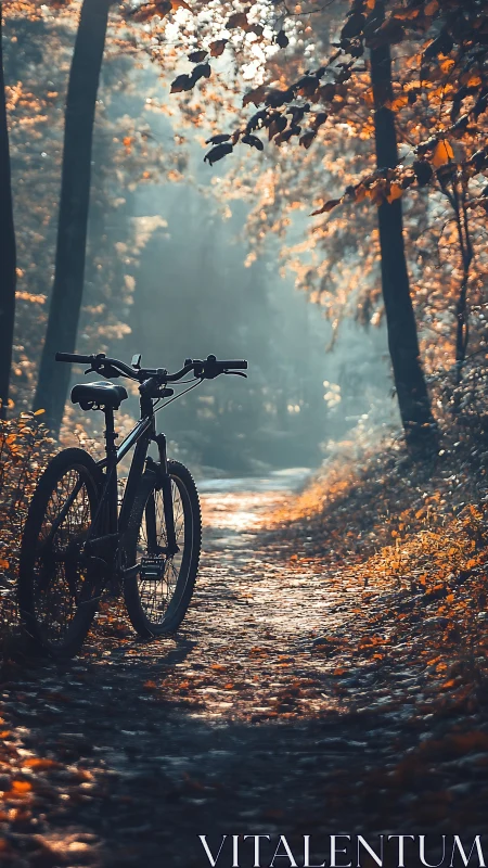 Bicycle in autumn forest pathway with golden light.
