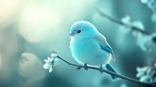 Soft blue songbird perched on blossom branch, dreamy pastel style.