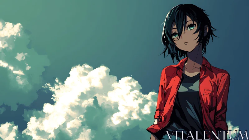 Sky-soaked daydreamer leans into the wind and bright clouds