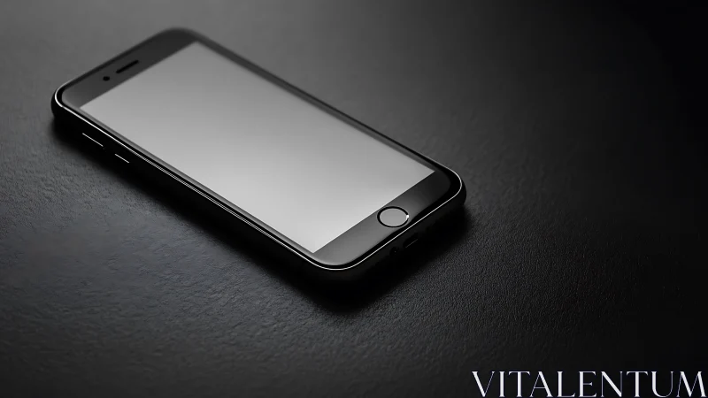Smartphone with blank screen positioned diagonally on dark textured surface.