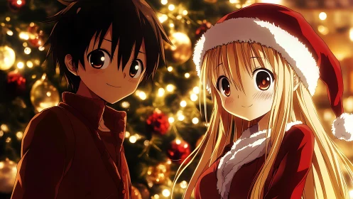 Two anime characters stand before illuminated Christmas tree