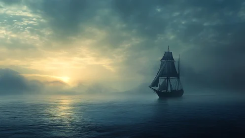 Tall ship sailing through mist at calm ocean sunrise.