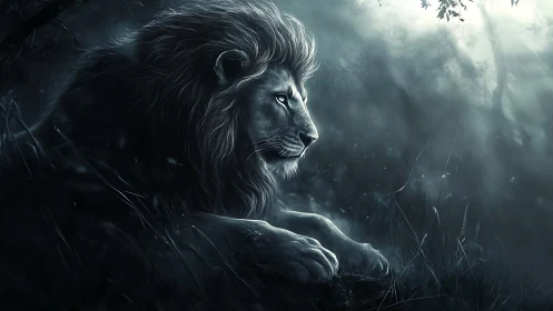 Moonlit forest lion resting in quiet silver twilight.