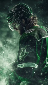Hockey player in green uniform emerges from luminous particle field