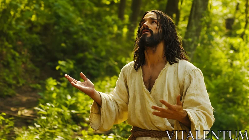Man in white robe prays fervently in a sunlit green forest