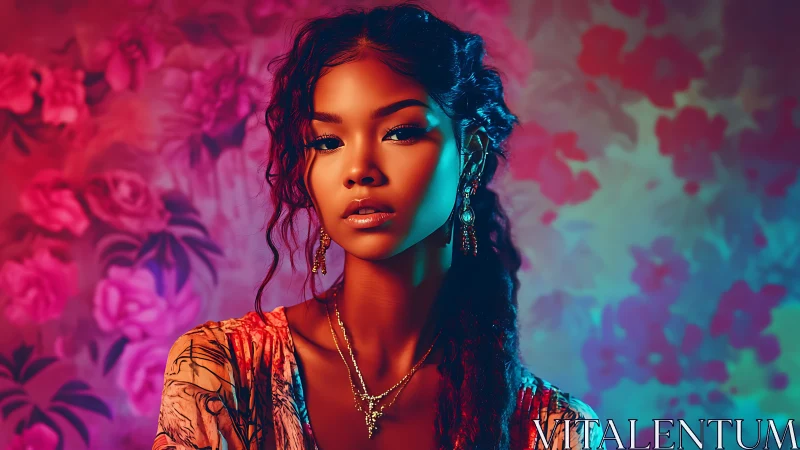 Moody digital portrait shows woman against neon floral backdrop