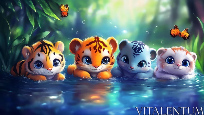 Four Whimsical Cubs Splash Through Enchanted Waters Together