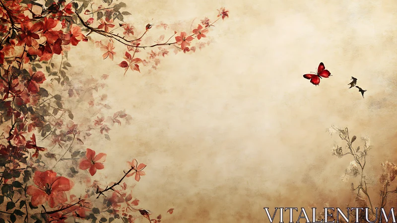Floral branches and red butterfly on textured parchment backdrop