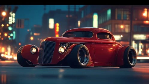 Low-slung red hot rod gliding through a dreamy night city.