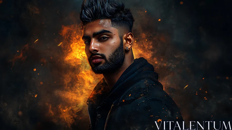 Moody portrait of a modern hero framed in swirling fire.