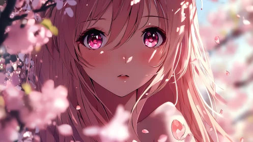 Blossom-lit anime girl with luminous pink, reflective eyes.