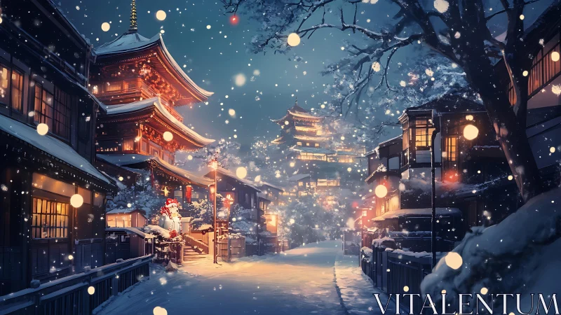 Digital painting of snowy Japanese street with pagoda lighting.