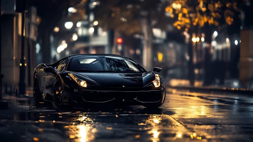 Midnight sports car glows against a rainy city backdrop tonight