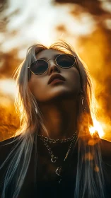 Backlit silver-haired portrait in molten sunset glow.