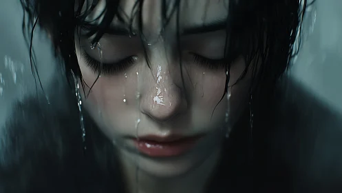 Hydrodynamic portrait of closed-eyed youth under cascading water.