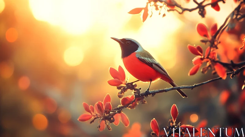 Vibrant Songbird on Autumn Branch in Warm Golden Light.