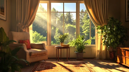 Sunlit reading nook models natural light and warm textures