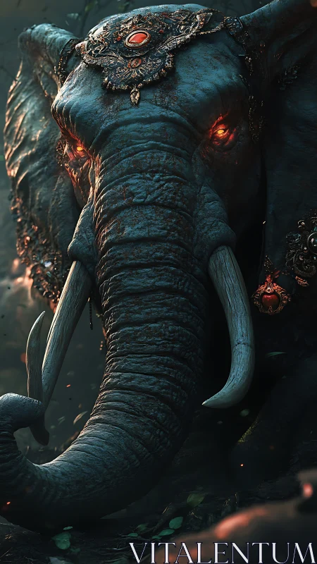 Mystic elephant guardian with ember eyes in forest dusk.