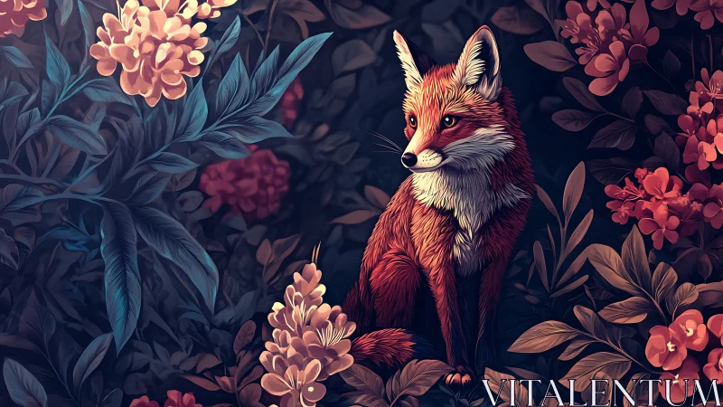 Gentle woodland fox resting amid glowing twilight blossoms.
