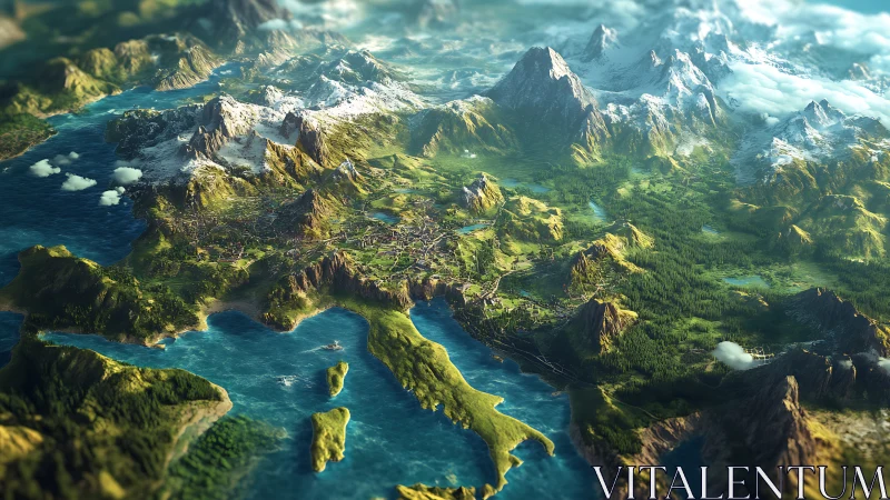Rendered mountainous coastal landscape with settlements.