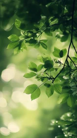 Green foliage branch with soft bokeh background in daylight.