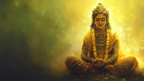 Golden meditative deity seated in radiant ethereal light
