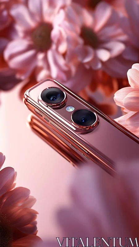 Rose gold dual-camera smartphone integrates with floral bokeh field