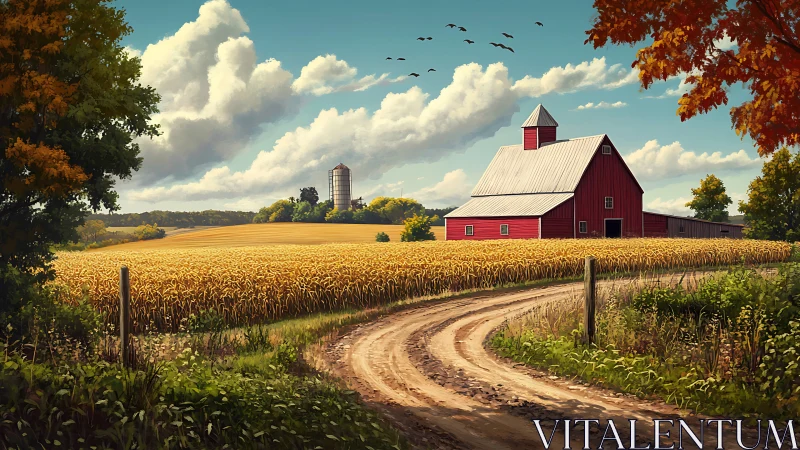 Sunny country barn beside golden fields and winding road.