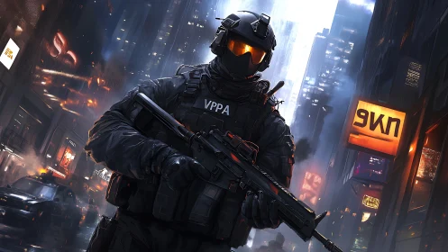 Futuristic tactical operator in neon-lit rainy megacity street.