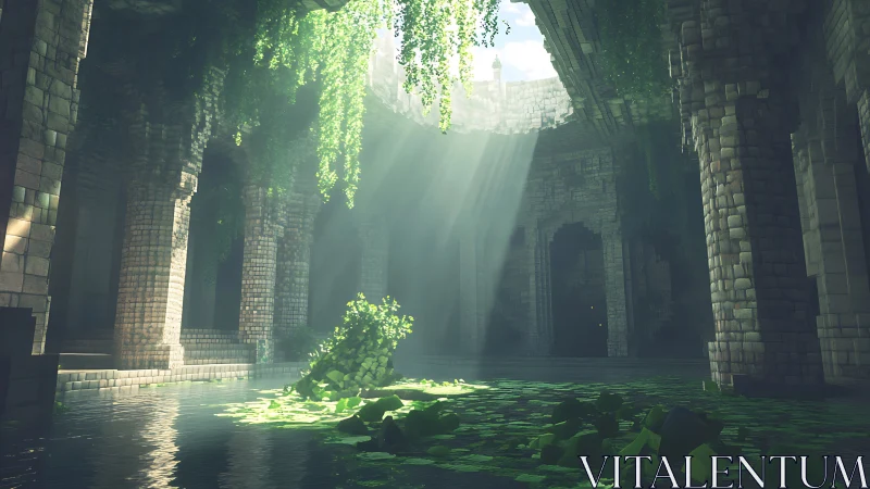 Sunbeams pour into mossy ruins where the water remembers