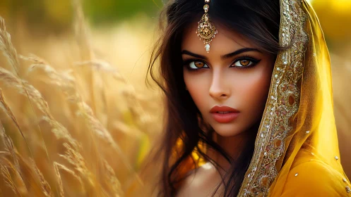 Woman in ornate yellow veil within blurred wheat field.