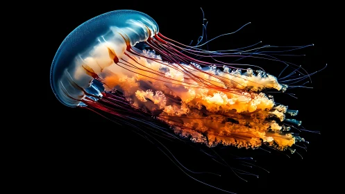 Luminous jellyfish drifts through dark water in radiant color