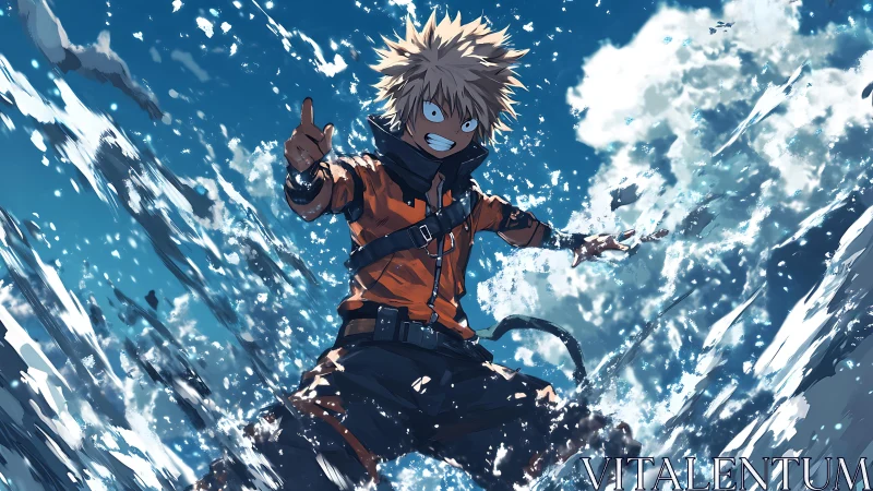 Spiky haired figure in orange jacket amid dynamic water spray.