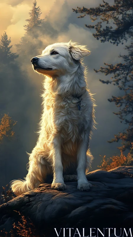 Golden-furred dog poised on misty forest overlook.